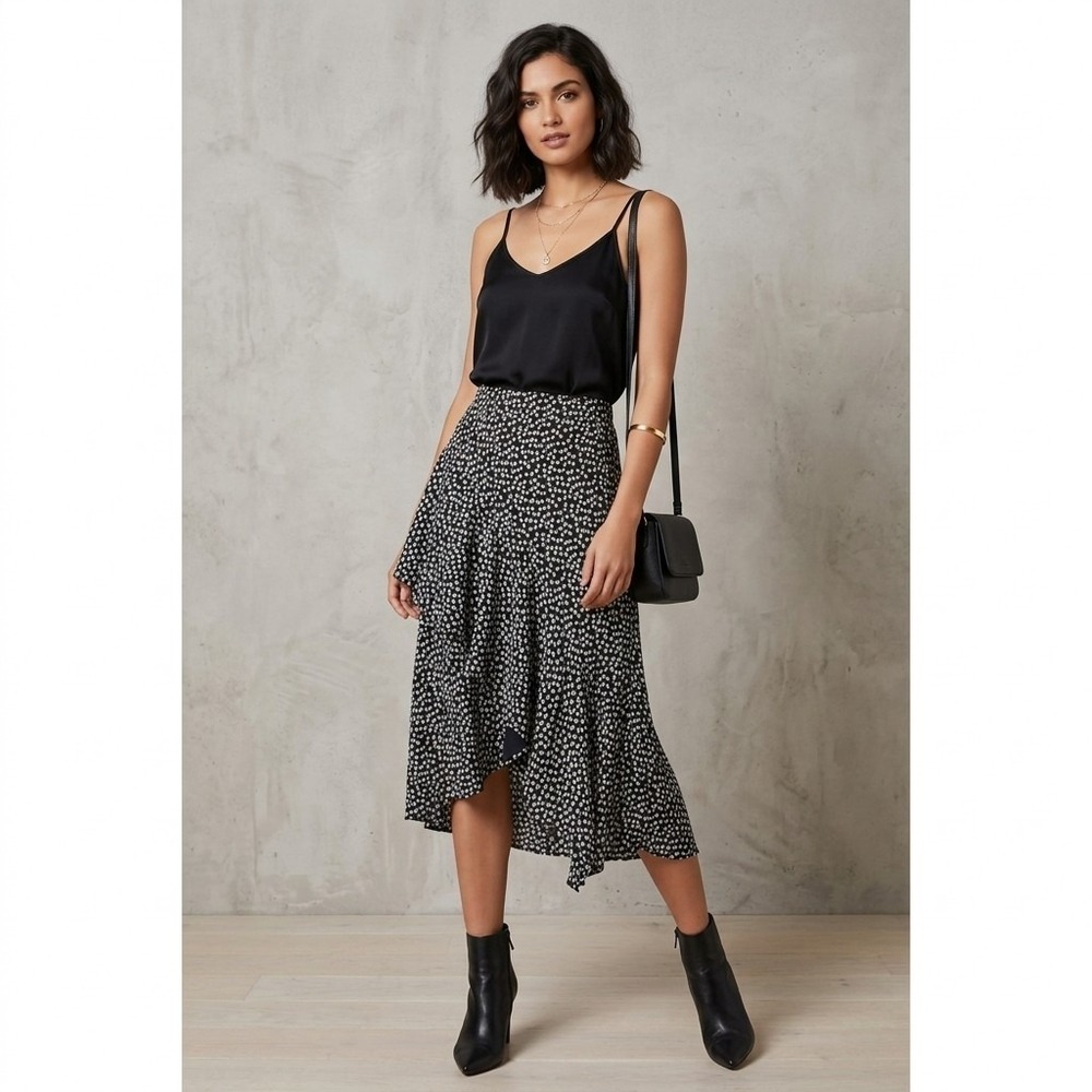 Rachel Zoe Black Floral Ruffle Midi Skirt Asymmetrical High Low Wrap Style Sz 10